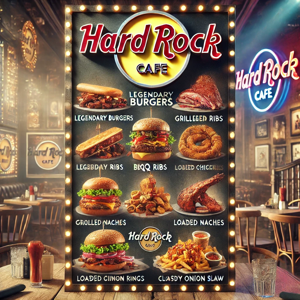 image includes hard rock cafe logo along with icecream fries burgers nuggets and donuts