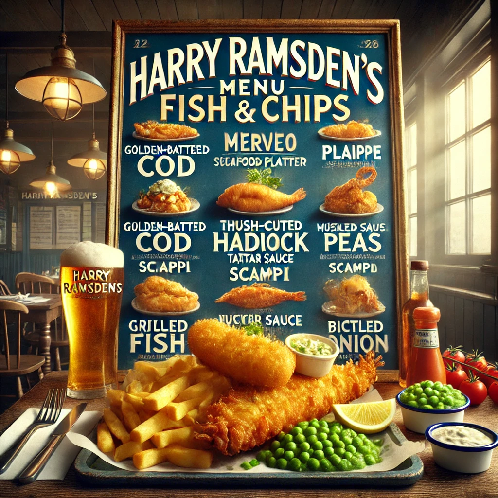 image including harry ramsdens logo along with fish chips and coffee