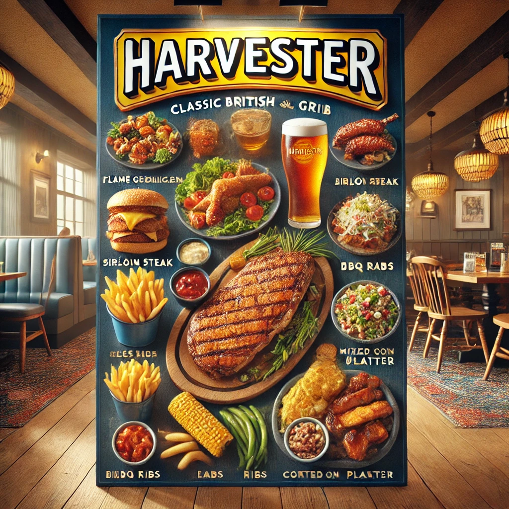 harvester logo in mid and image includes desi food with vegetables buns and fruits