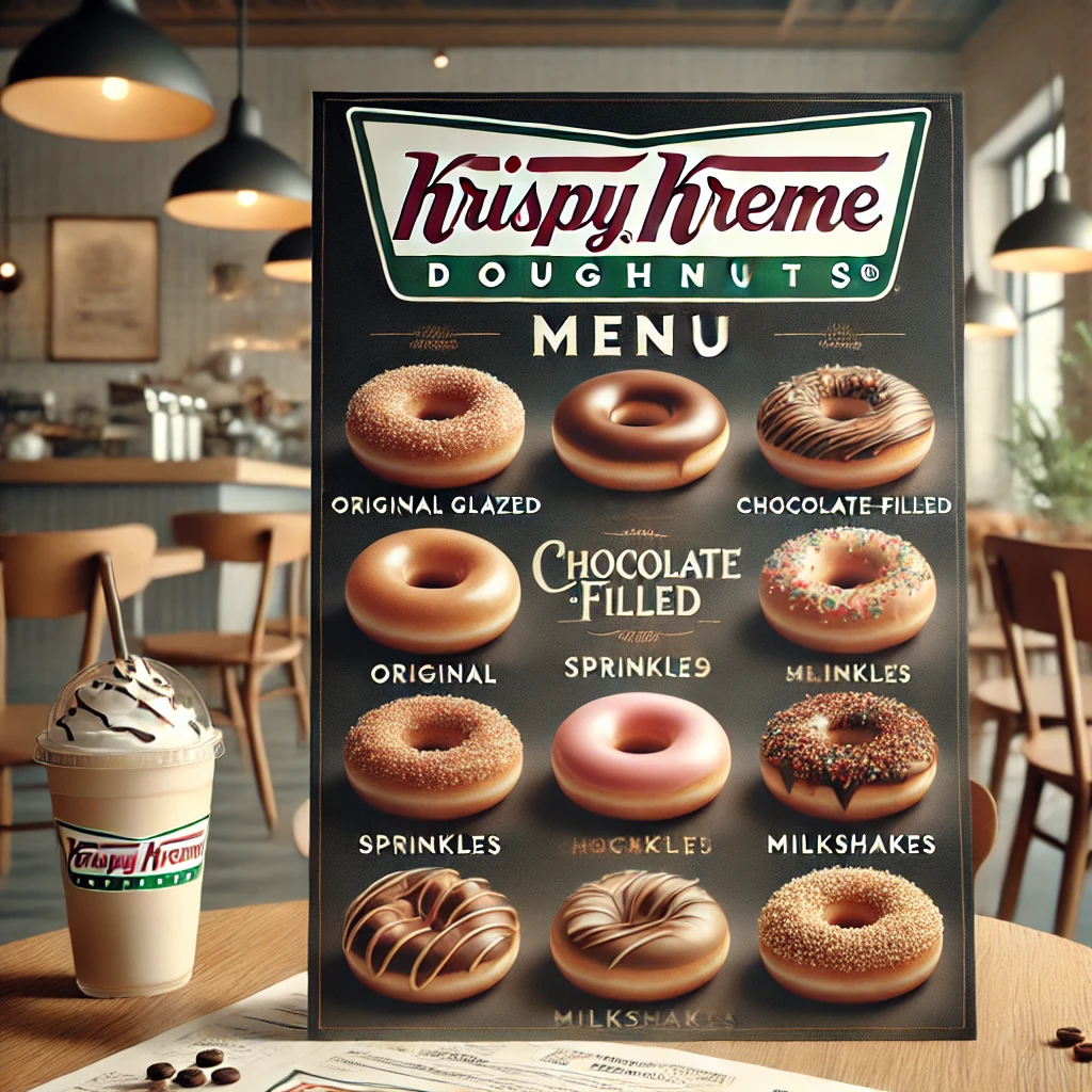krispy kreme logo in a screena and image includes donust with pink topping, shakes and waffles cone