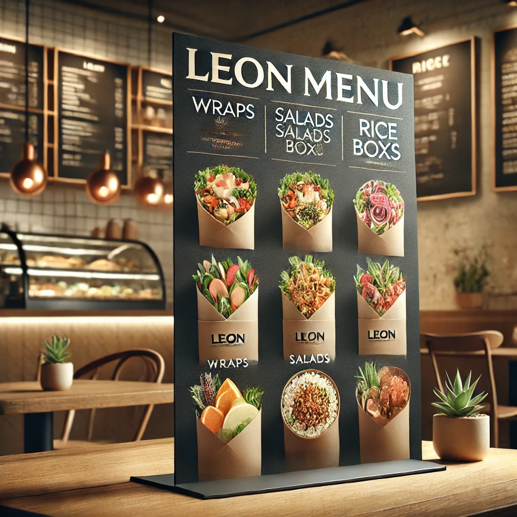 image inlcudes leon logo on a box and food including drinks pastas pizza nuggets