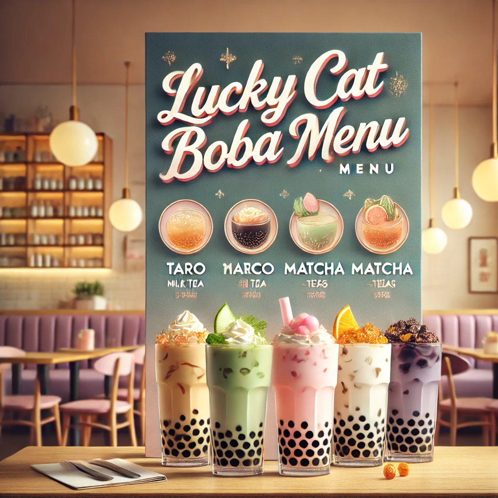 image includes a white cat in black bakground along with some coffee shakes and beans