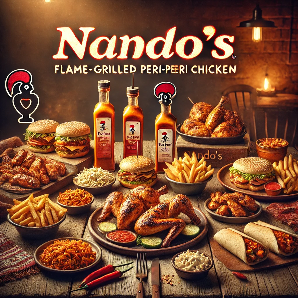 nandos logo on peri peri sauce and food image with sauces and chicken piece strips