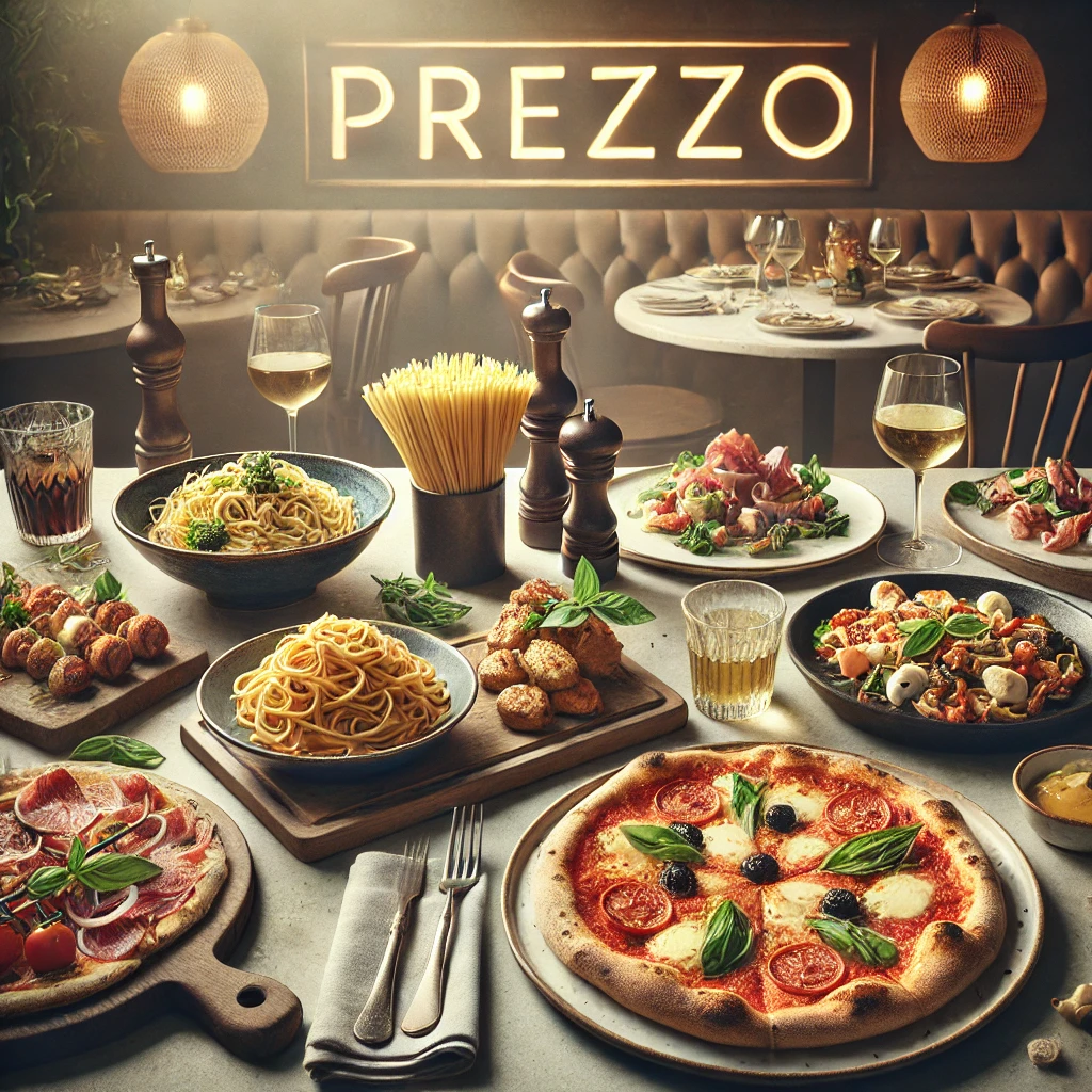image inlcudes pizza,wine bottle,red wine in glass,cake piece, forks spoons and dip sauces
