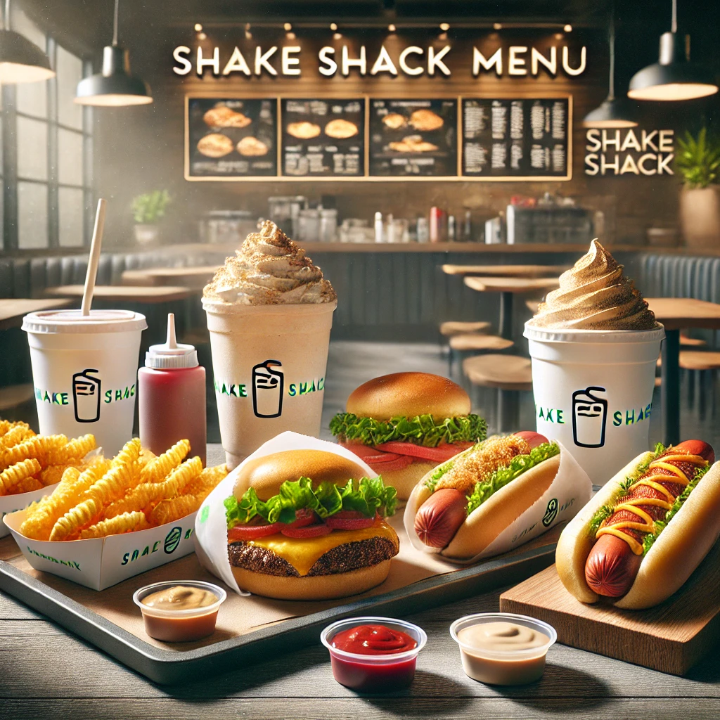 image includes large fries, burgers, dip sauce and ice cream shake