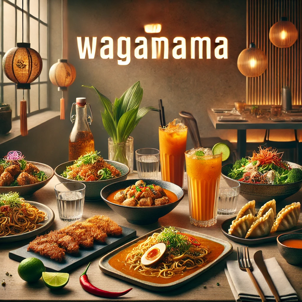 image includes wagamama logo and japanese food items